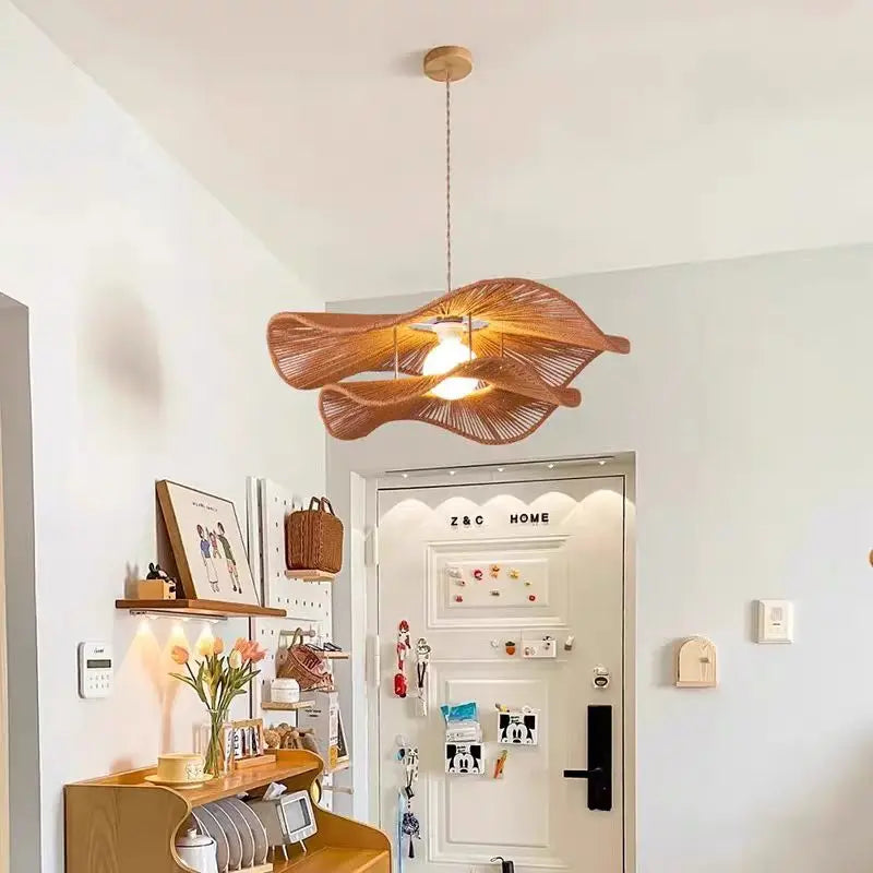 🌸 Wabi Sabi Rattan Flower Pendant Lamp – Minimalist Hemp Rope Ceiling Light for Bedroom, Dining & Café Decor ✨