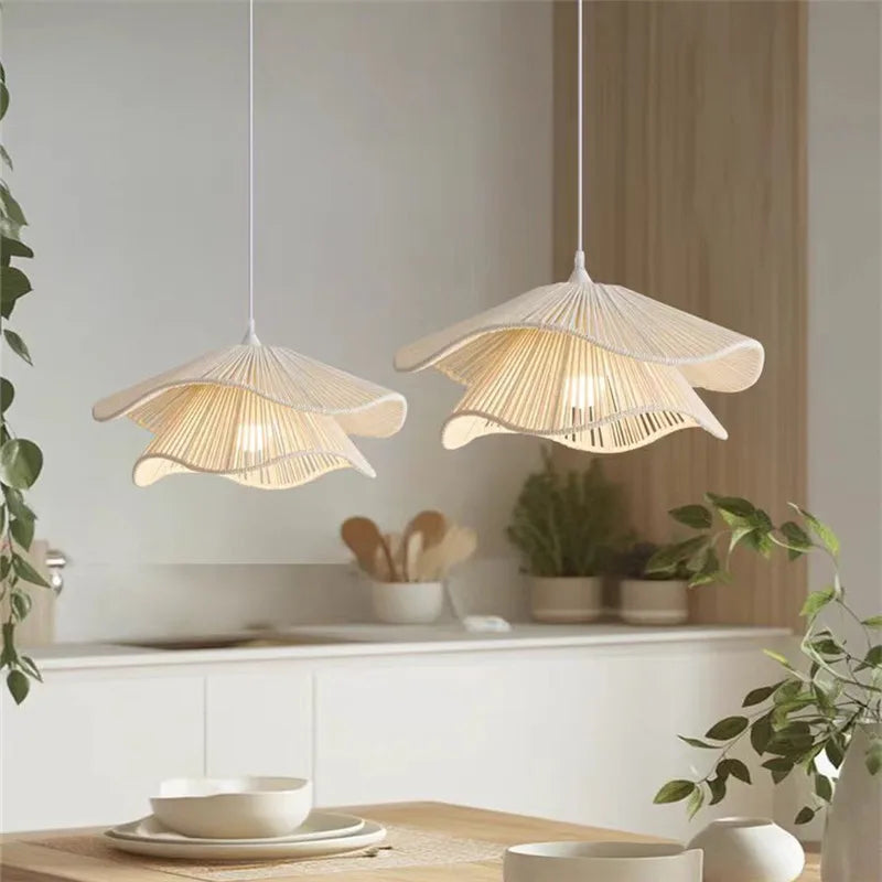 🌸 Wabi Sabi Rattan Flower Pendant Lamp – Minimalist Hemp Rope Ceiling Light for Bedroom, Dining & Café Decor ✨