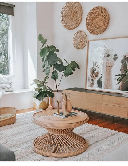 Handwoven Rattan Hourglass Coffee Table – Boho Chic Round Center Table for Living Room & Bedroom ☕🌾