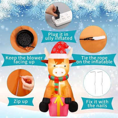 5ft Christmas Inflatable Highland Cow 🎅🐮 with Built-In LED Lights | Funny Lawn Decoration with Gift Box 🎁 for Outdoor & Indoor Holiday Display ✨