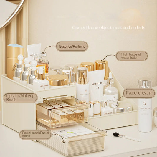 Aesthetic Makeup & Skincare Desktop Organizer – Multi-Compartment Cosmetic Storage Display Case
