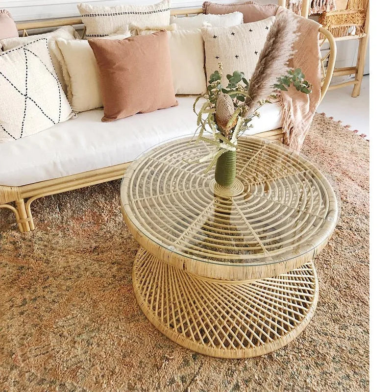 Handwoven Rattan Hourglass Coffee Table – Boho Chic Round Center Table for Living Room & Bedroom ☕🌾