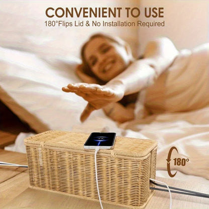 🌿 Handwoven Rattan Cable Organizer Box – Natural Wicker Multi-Compartment Storage for Chargers & Cables ⚡✨