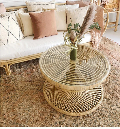 Handwoven Rattan Hourglass Coffee Table – Boho Chic Round Center Table for Living Room & Bedroom ☕🌾
