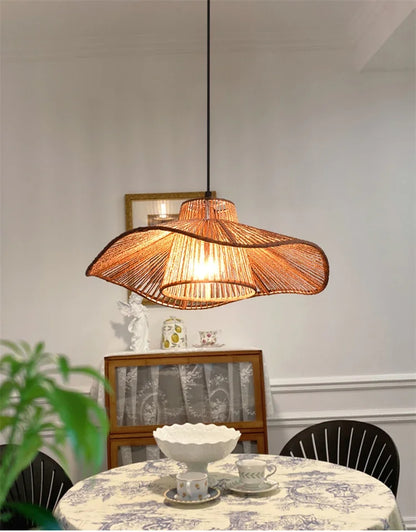 🌸 Wabi Sabi Rattan Flower Pendant Lamp – Minimalist Hemp Rope Ceiling Light for Bedroom, Dining & Café Decor ✨