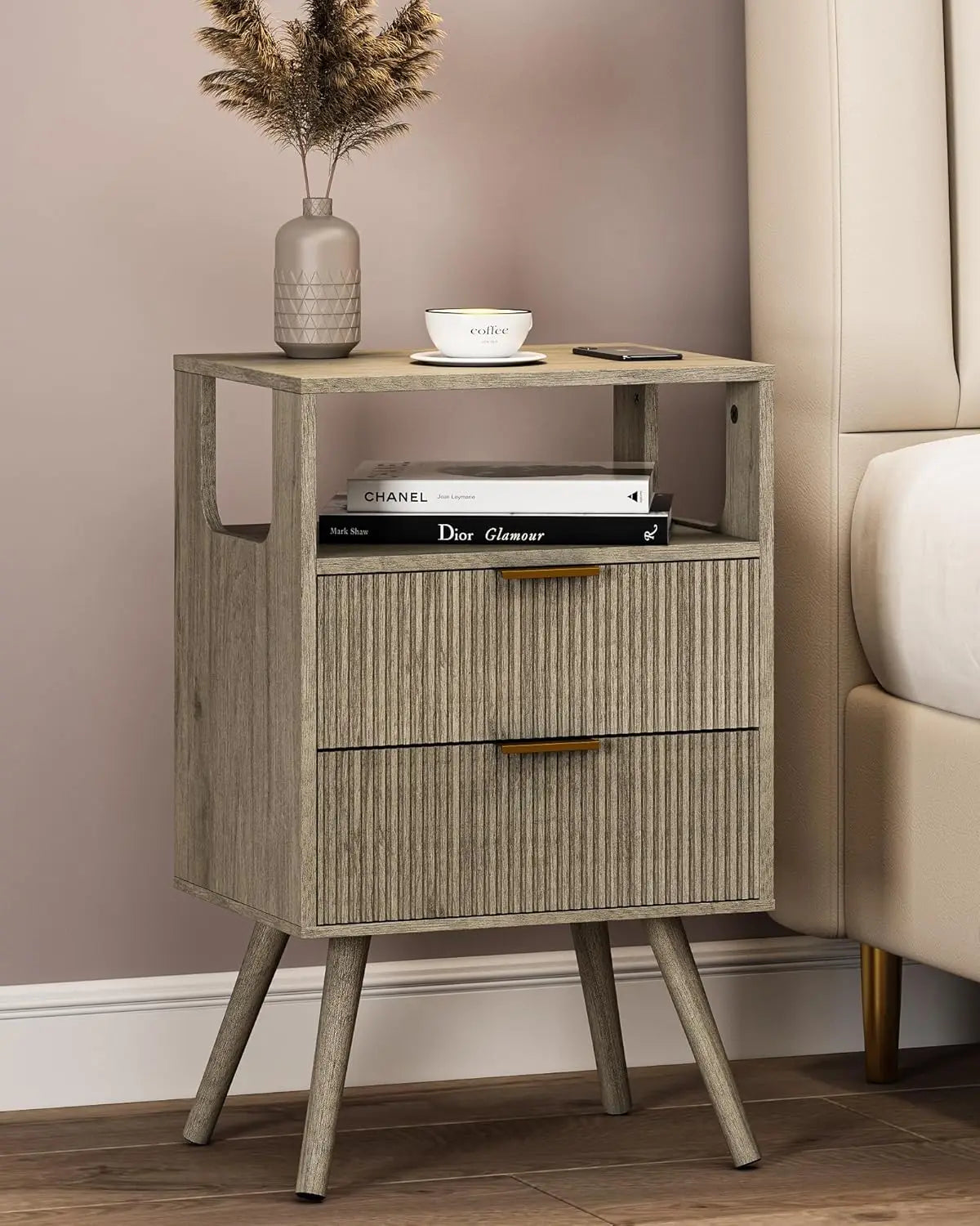 Modern 2-Drawer Nightstand With Open Shelf – Minimalist Wood Side Table for Bedroom Spac
