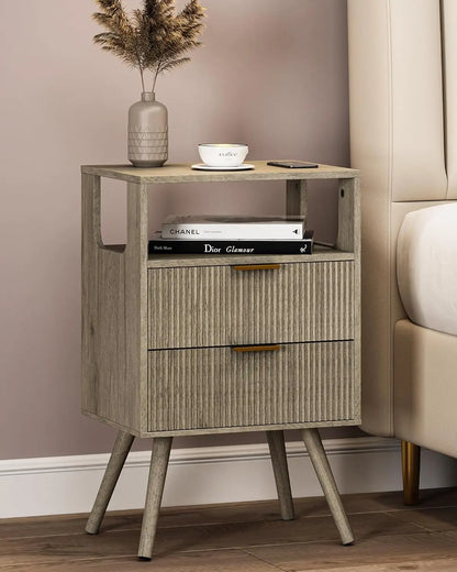 Modern 2-Drawer Nightstand With Open Shelf – Minimalist Wood Side Table for Bedroom Spac