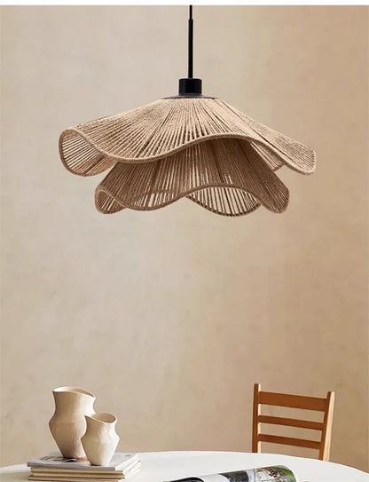 🌸 Wabi Sabi Rattan Flower Pendant Lamp – Minimalist Hemp Rope Ceiling Light for Bedroom, Dining & Café Decor ✨