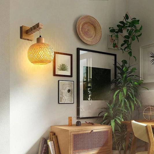 🌿 Handwoven Bamboo Lantern Wall Lamp – Natural Rattan Wicker Light for Bedroom, Living Room & Hallway ✨