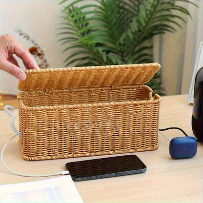 🌿 Handwoven Rattan Cable Organizer Box – Natural Wicker Multi-Compartment Storage for Chargers & Cables ⚡✨