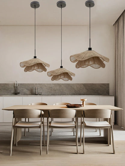 🌸 Wabi Sabi Rattan Flower Pendant Lamp – Minimalist Hemp Rope Ceiling Light for Bedroom, Dining & Café Decor ✨