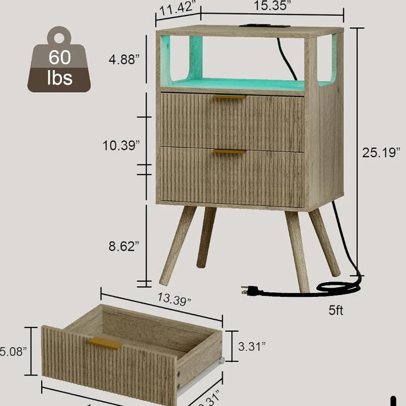 Modern 2-Drawer Nightstand With Open Shelf – Minimalist Wood Side Table for Bedroom Spac