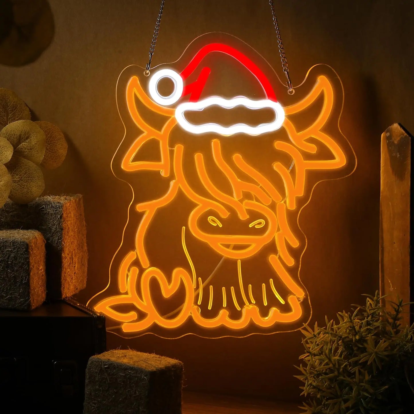 Highland Cow Neon LED Light 🐮✨ | Cute Christmas Wall Decor with Santa Hat 🎄 Perfect for Bedroom, Living Room & Holiday Gifts 💖