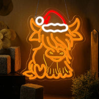 Highland Cow Neon LED Light 🐮✨ | Cute Christmas Wall Decor with Santa Hat 🎄 Perfect for Bedroom, Living Room & Holiday Gifts 💖