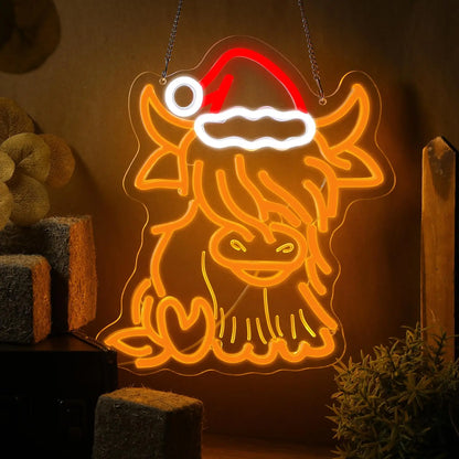 Highland Cow Neon LED Light 🐮✨ | Cute Christmas Wall Decor with Santa Hat 🎄 Perfect for Bedroom, Living Room & Holiday Gifts 💖