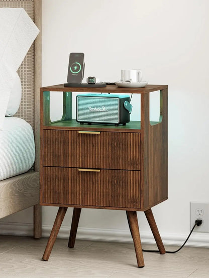 Modern 2-Drawer Nightstand With Open Shelf – Minimalist Wood Side Table for Bedroom Spac