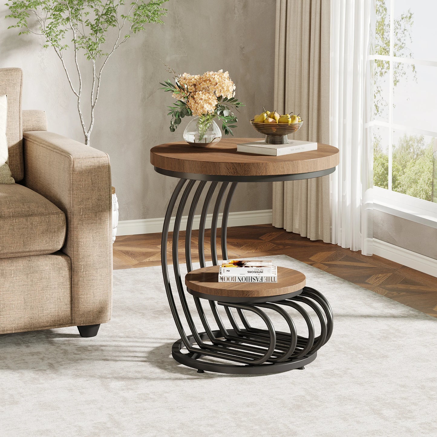 ✨ Modern Gold Round End Table – 2-Tier Faux Marble Side Table with Storage Shelf for Elegant Living Spaces 💫