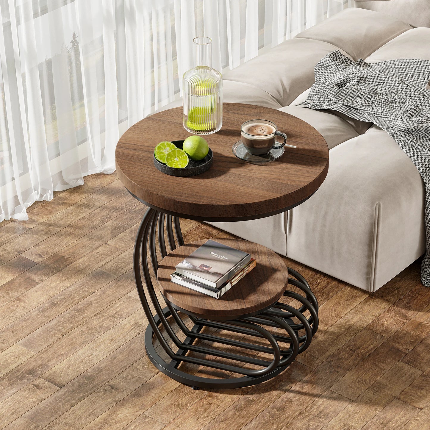 ✨ Modern Gold Round End Table – 2-Tier Faux Marble Side Table with Storage Shelf for Elegant Living Spaces 💫
