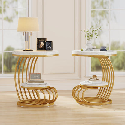 ✨ Modern Gold Round End Table – 2-Tier Faux Marble Side Table with Storage Shelf for Elegant Living Spaces 💫