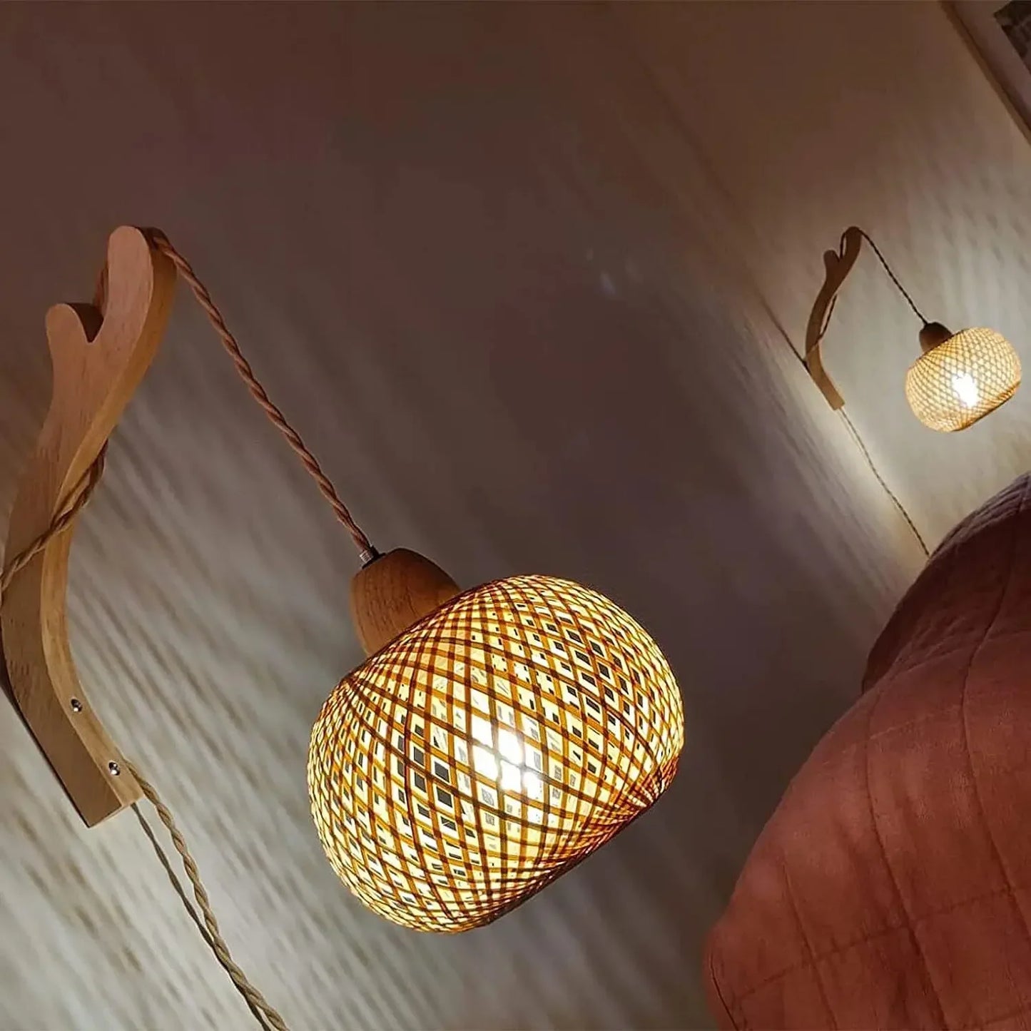 🌿 Handwoven Bamboo Wall Lamp – Natural Rattan Wicker Lantern Light for Bedroom & Living Spaces 🏮✨