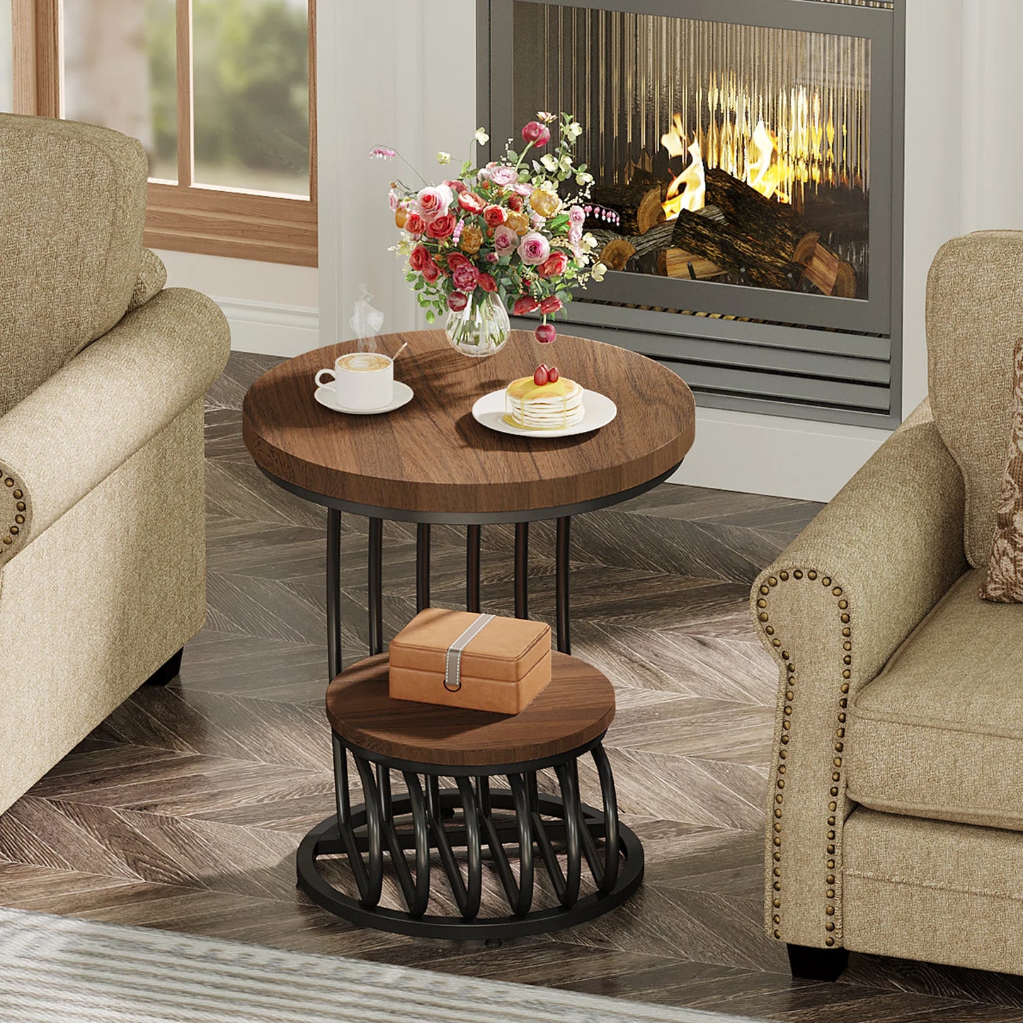 ✨ Modern Gold Round End Table – 2-Tier Faux Marble Side Table with Storage Shelf for Elegant Living Spaces 💫