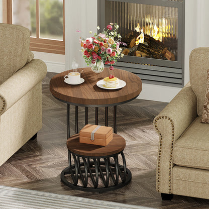 ✨ Modern Gold Round End Table – 2-Tier Faux Marble Side Table with Storage Shelf for Elegant Living Spaces 💫