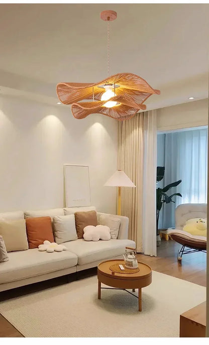 🌸 Wabi Sabi Rattan Flower Pendant Lamp – Minimalist Hemp Rope Ceiling Light for Bedroom, Dining & Café Decor ✨