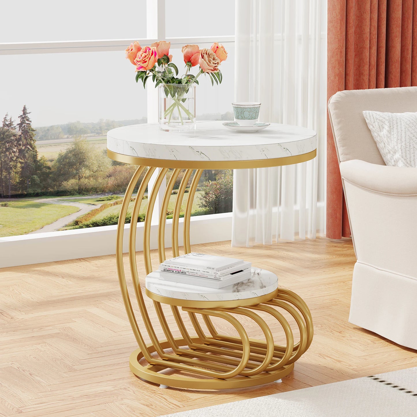 ✨ Modern Gold Round End Table – 2-Tier Faux Marble Side Table with Storage Shelf for Elegant Living Spaces 💫