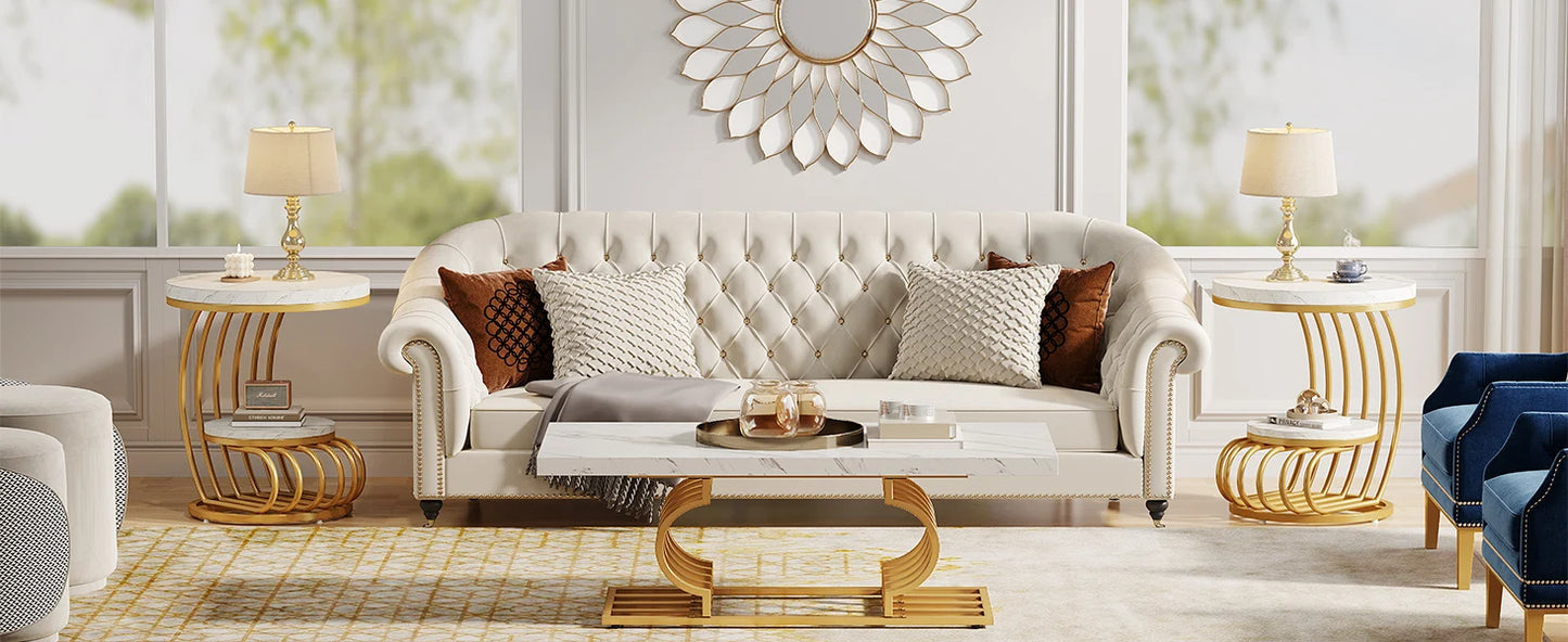 ✨ Modern Gold Round End Table – 2-Tier Faux Marble Side Table with Storage Shelf for Elegant Living Spaces 💫