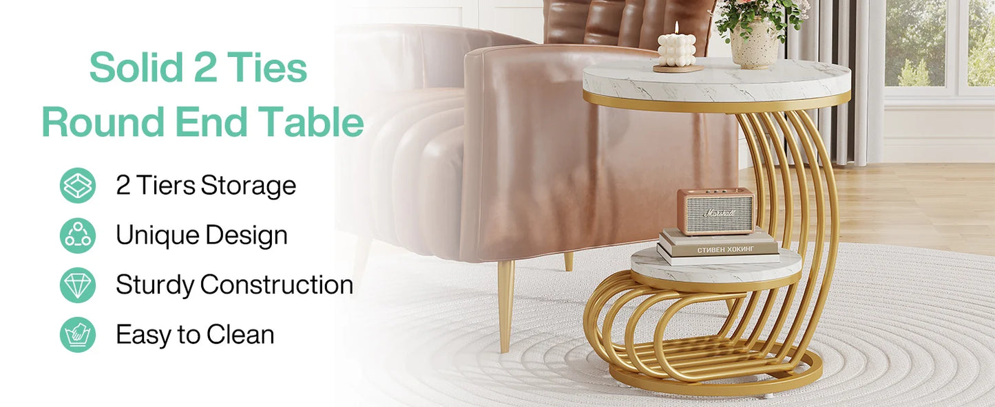 ✨ Modern Gold Round End Table – 2-Tier Faux Marble Side Table with Storage Shelf for Elegant Living Spaces 💫
