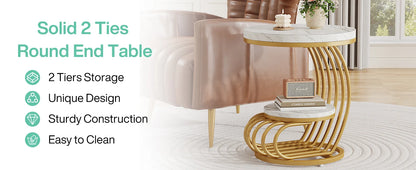 ✨ Modern Gold Round End Table – 2-Tier Faux Marble Side Table with Storage Shelf for Elegant Living Spaces 💫