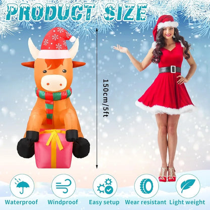 5ft Christmas Inflatable Highland Cow 🎅🐮 with Built-In LED Lights | Funny Lawn Decoration with Gift Box 🎁 for Outdoor & Indoor Holiday Display ✨