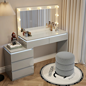 Luxury Hollywood Light Vanity Dressing Table – Modern Makeup Desk With Drawers & Chair