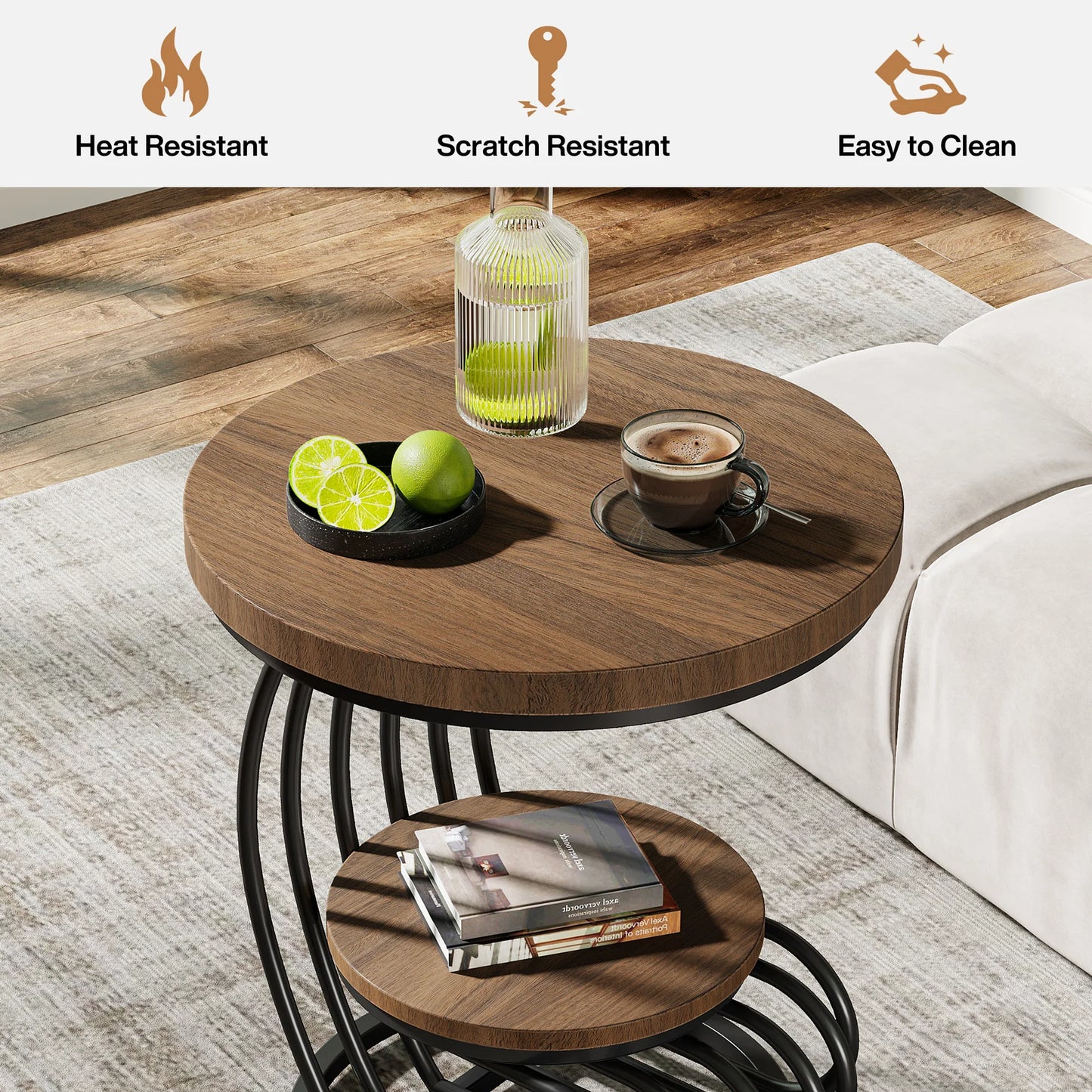 ✨ Modern Gold Round End Table – 2-Tier Faux Marble Side Table with Storage Shelf for Elegant Living Spaces 💫