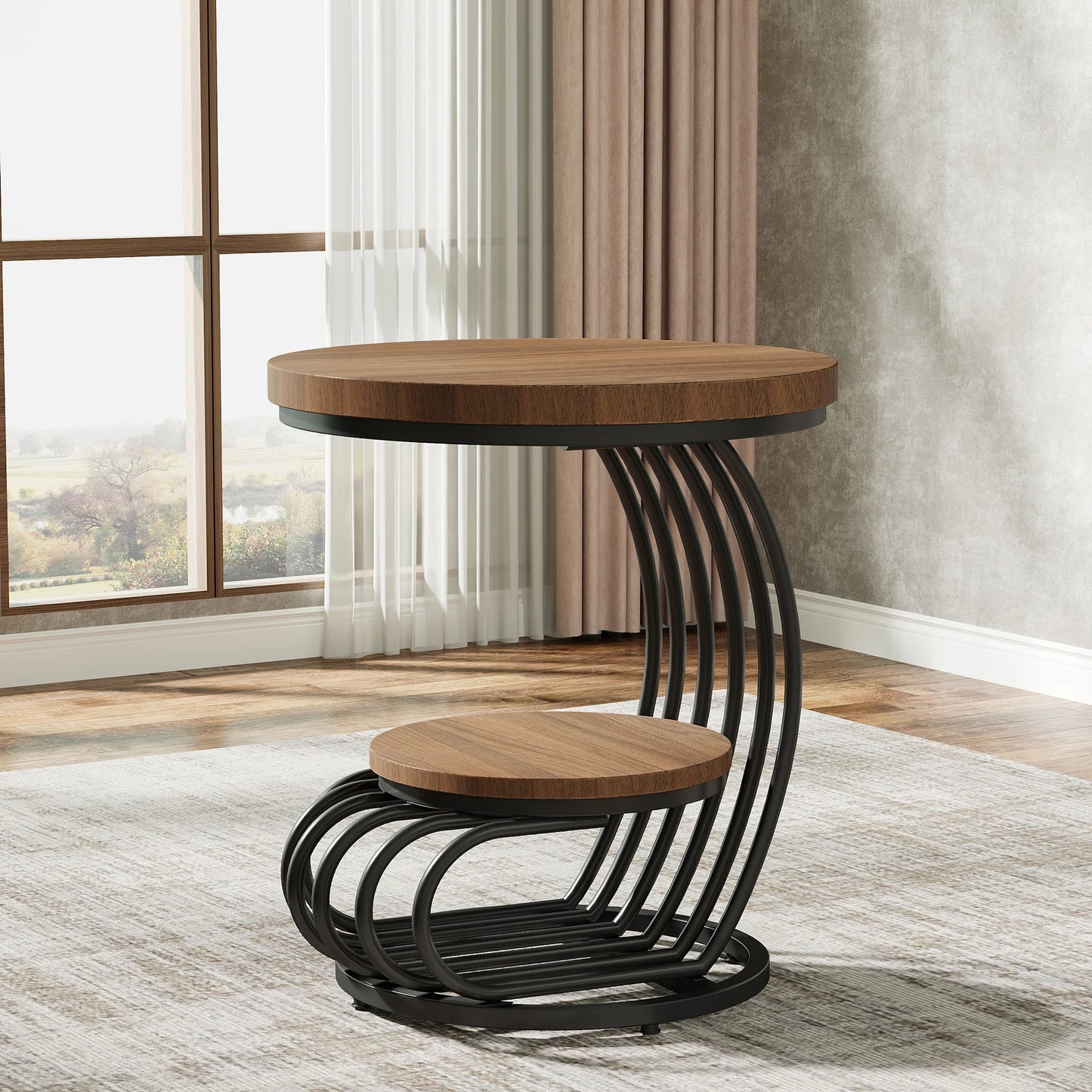 ✨ Modern Gold Round End Table – 2-Tier Faux Marble Side Table with Storage Shelf for Elegant Living Spaces 💫