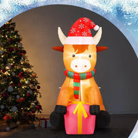 5ft Christmas Inflatable Highland Cow 🎅🐮 with Built-In LED Lights | Funny Lawn Decoration with Gift Box 🎁 for Outdoor & Indoor Holiday Display ✨