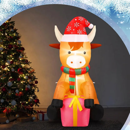 5ft Christmas Inflatable Highland Cow 🎅🐮 with Built-In LED Lights | Funny Lawn Decoration with Gift Box 🎁 for Outdoor & Indoor Holiday Display ✨