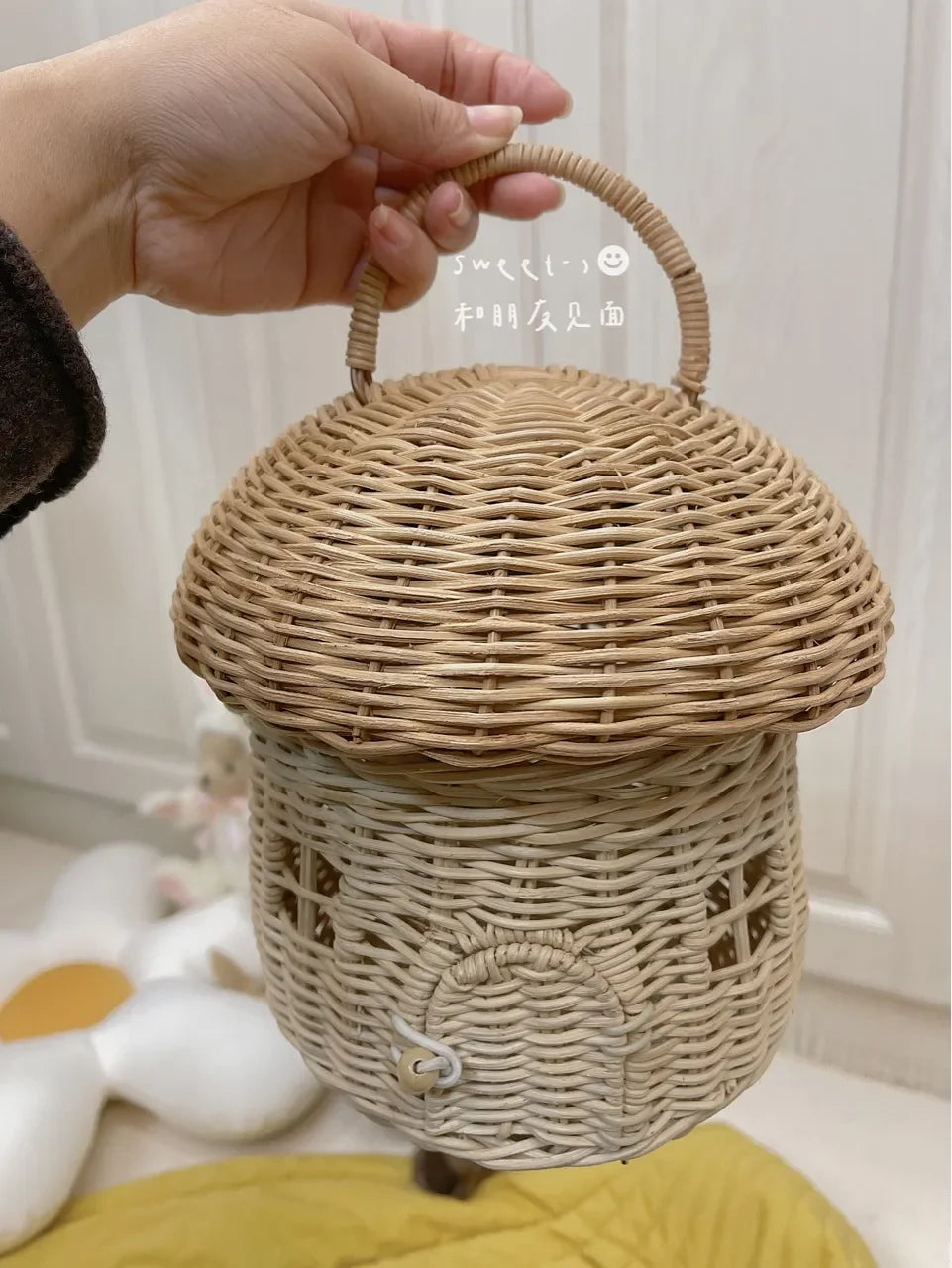 🍄 Handwoven Rattan Mushroom Basket – Adorable Wicker Storage Bag for Kids, Beach & Home Decor 🌿✨