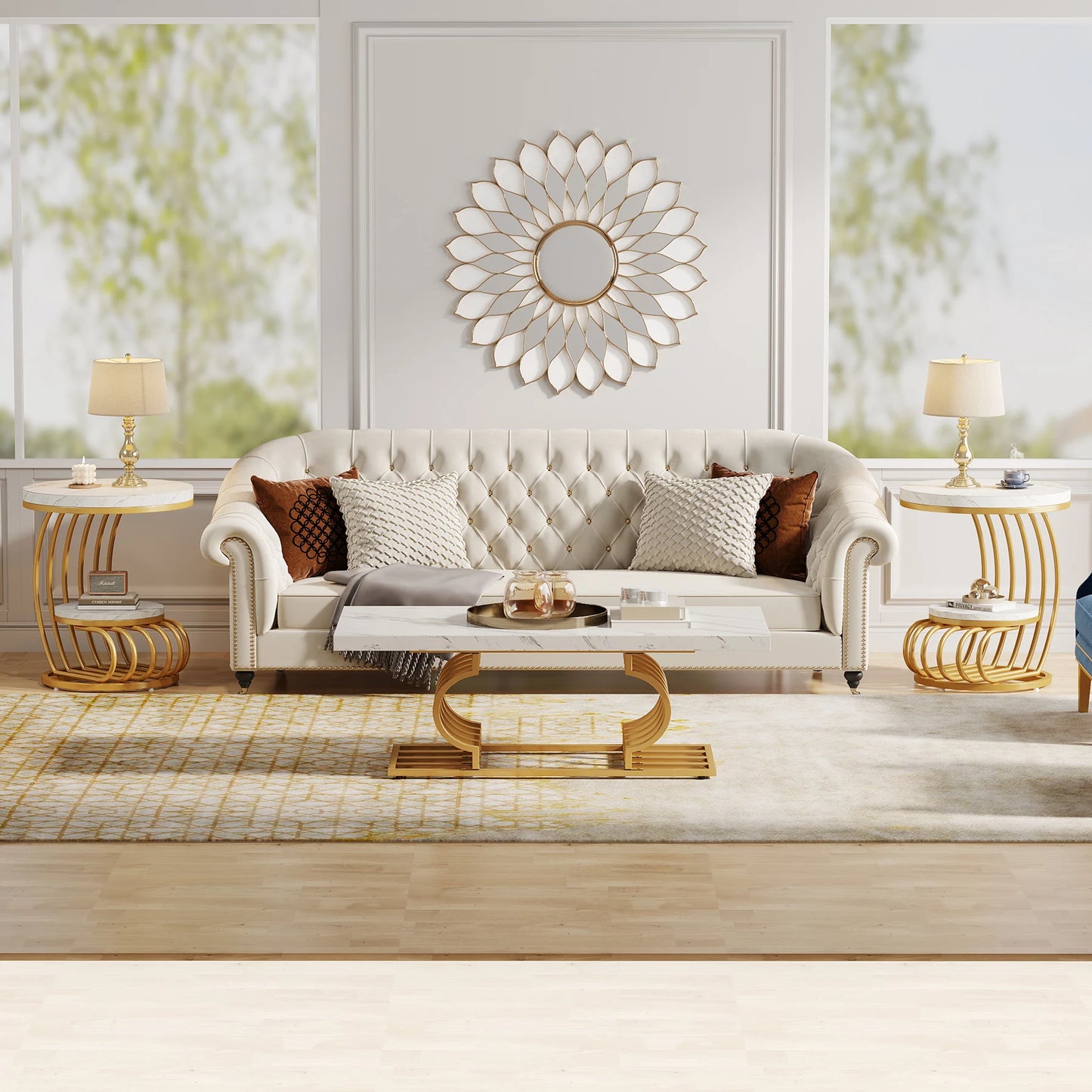✨ Modern Gold Round End Table – 2-Tier Faux Marble Side Table with Storage Shelf for Elegant Living Spaces 💫