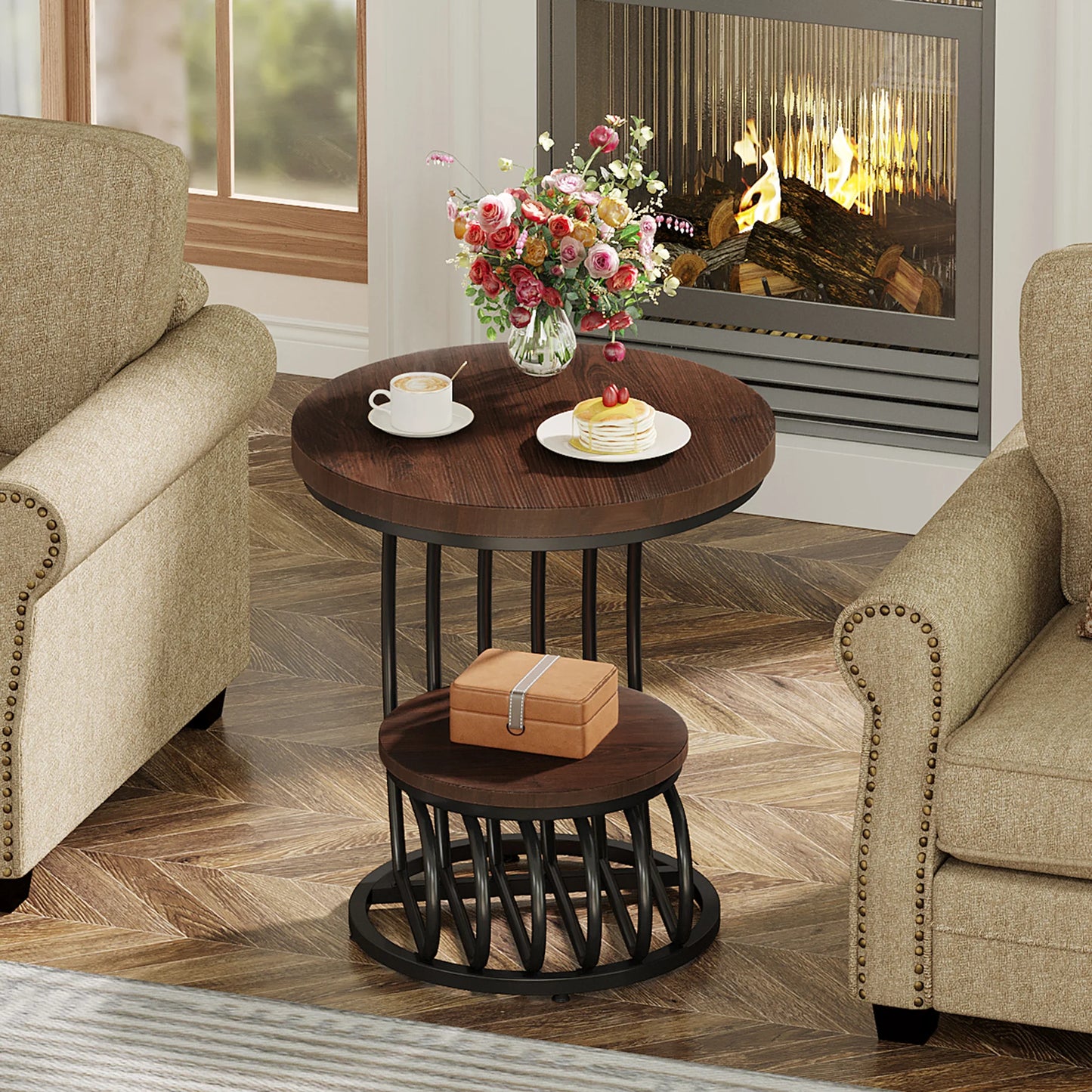 ✨ Modern Gold Round End Table – 2-Tier Faux Marble Side Table with Storage Shelf for Elegant Living Spaces 💫