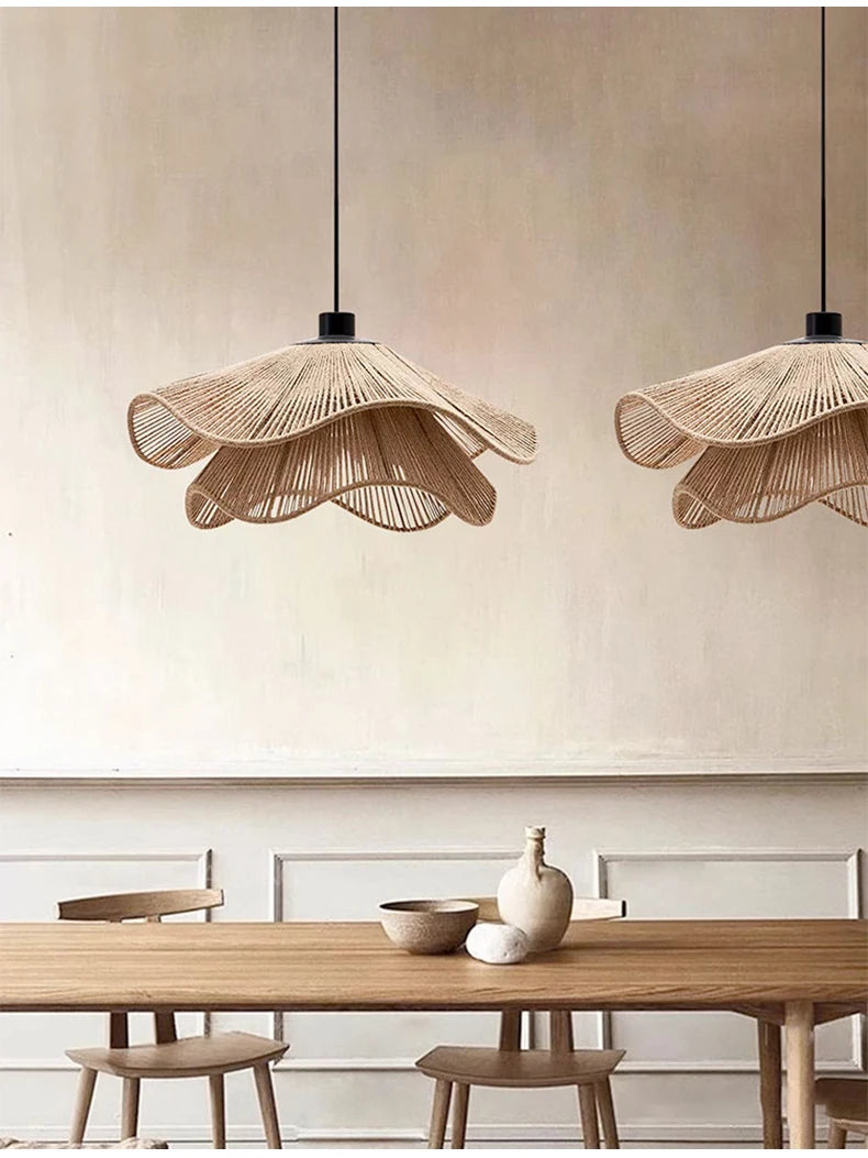 🌸 Wabi Sabi Rattan Flower Pendant Lamp – Minimalist Hemp Rope Ceiling Light for Bedroom, Dining & Café Decor ✨