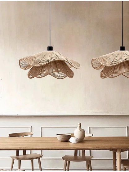 🌸 Wabi Sabi Rattan Flower Pendant Lamp – Minimalist Hemp Rope Ceiling Light for Bedroom, Dining & Café Decor ✨