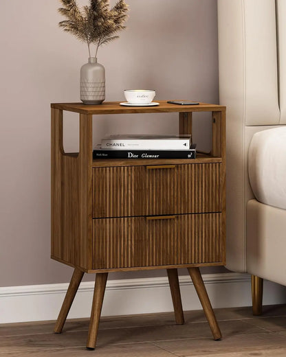 Modern 2-Drawer Nightstand With Open Shelf – Minimalist Wood Side Table for Bedroom Spac