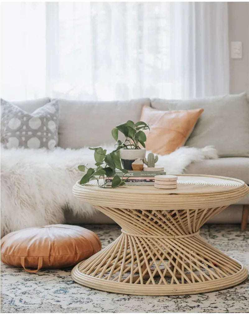 Handwoven Rattan Hourglass Coffee Table – Boho Chic Round Center Table for Living Room & Bedroom ☕🌾