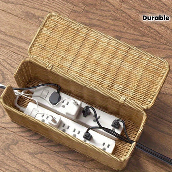 🌿 Handwoven Rattan Cable Organizer Box – Natural Wicker Multi-Compartment Storage for Chargers & Cables ⚡✨