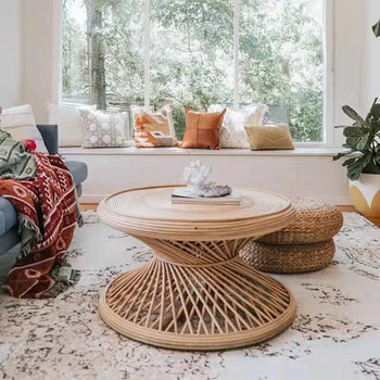 Handwoven Rattan Hourglass Coffee Table – Boho Chic Round Center Table for Living Room & Bedroom ☕🌾