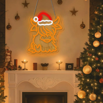 Highland Cow Neon LED Light 🐮✨ | Cute Christmas Wall Decor with Santa Hat 🎄 Perfect for Bedroom, Living Room & Holiday Gifts 💖