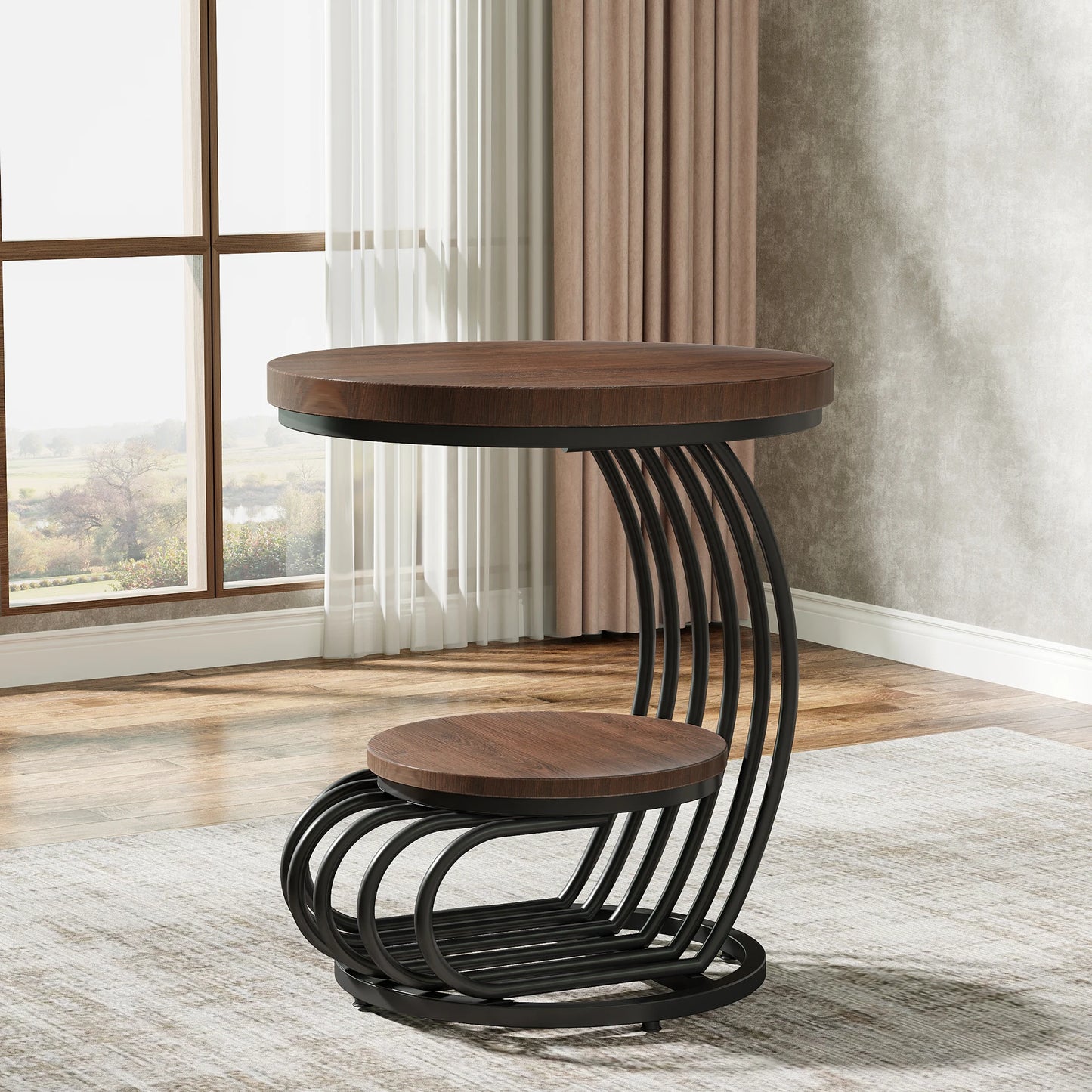 ✨ Modern Gold Round End Table – 2-Tier Faux Marble Side Table with Storage Shelf for Elegant Living Spaces 💫