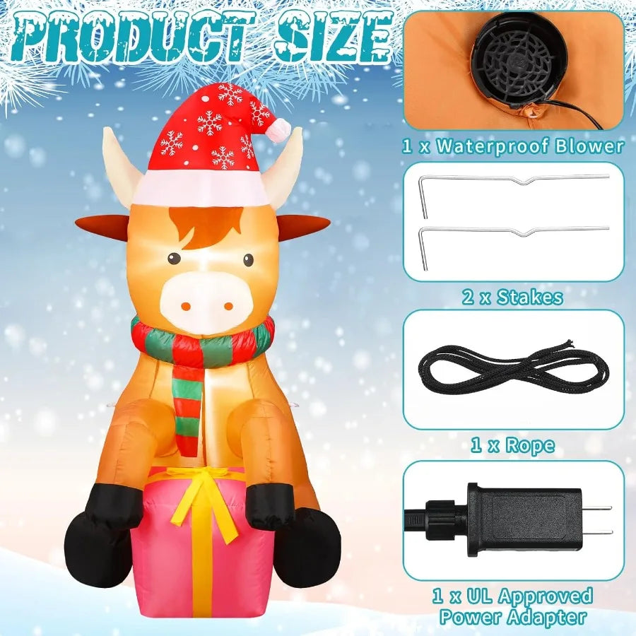 5ft Christmas Inflatable Highland Cow 🎅🐮 with Built-In LED Lights | Funny Lawn Decoration with Gift Box 🎁 for Outdoor & Indoor Holiday Display ✨