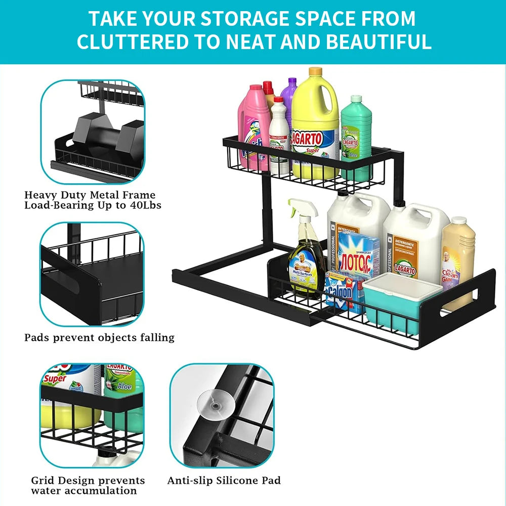 TidyTroves™ – Under-Sink Sliding Storage Organizer (2-Tier Cabinet Space-Saver)